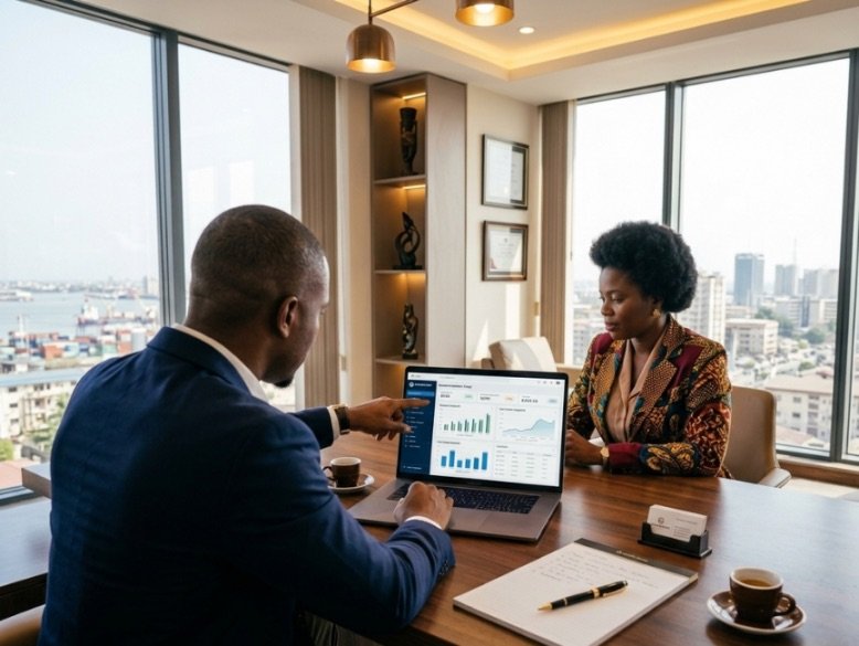 Email Growth and Deliverability services in Nigeria - a vibrant man and woman sitting in an office and the man has a laptop before of him